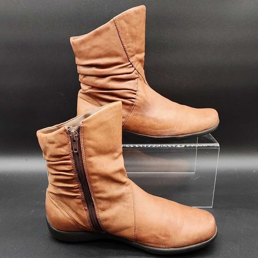 Earth Origins 8 Brown Leather Marina Ruched Ankle Boots Comfort Boho Casual Flat